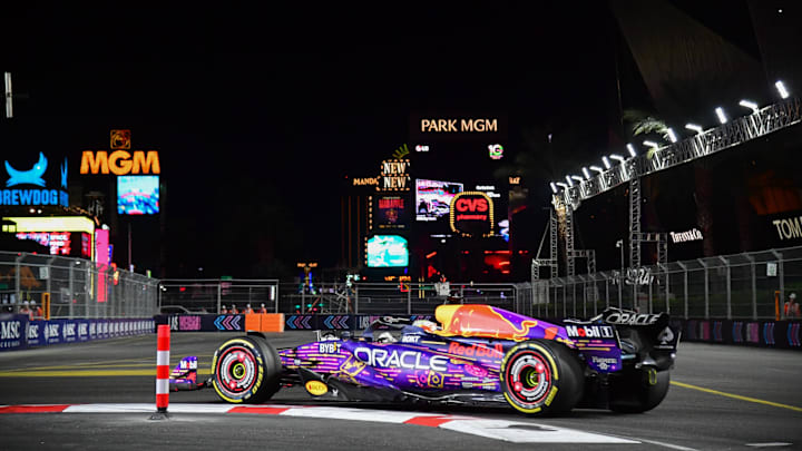 Nov 18, 2023; Las Vegas, Nevada, USA; Red Bull Racing driver Max Verstappen of The Netherlands (1) during the Las Vegas Grand Prix at Las Vegas Strip Circuit. Mandatory Credit: Gary A. Vasquez-Imagn Images