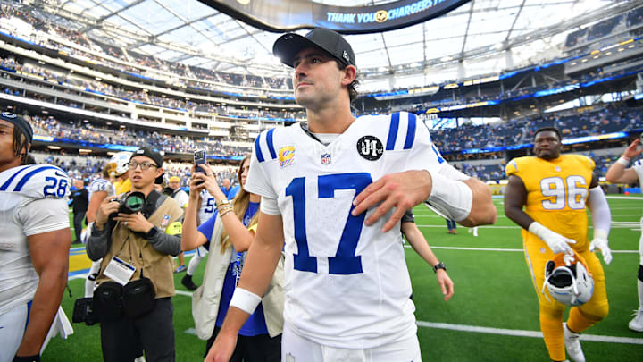 Oct 19, 2025; Inglewood, California, USA; Indianapolis Colts quarterback Daniel Jones (17) looks on after the game against the Los Angeles Chargers at SoFi Stadium. Mandatory Credit: Gary A. Vasquez-Imagn Images Oct 19, 2025; Inglewood, California, USA; Indianapolis Colts quarterback Daniel Jones (17) looks on after the game against the Los Angeles Chargers at SoFi Stadium. Mandatory Credit: Gary A. Vasquez-Imagn Images