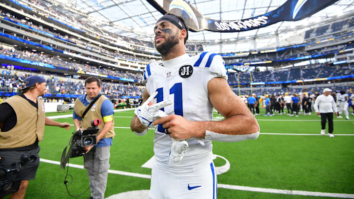 Oct 19, 2025; Inglewood, California, USA; Indianapolis Colts wide receiver Michael Pittman Jr. (11) looks on after the game against the Los Angeles Chargers at SoFi Stadium. Mandatory Credit: Gary A. Vasquez-Imagn Images