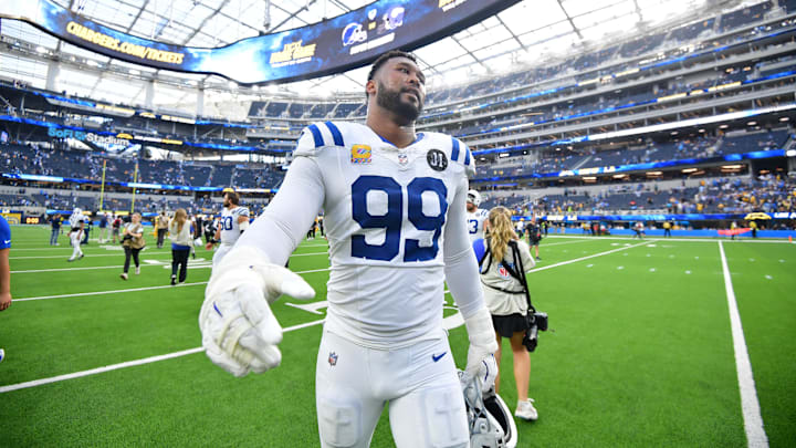 Oct 19, 2025; Inglewood, California, USA; Indianapolis Colts defensive tackle DeForest Buckner (99) looks on after the game against the Los Angeles Chargers at SoFi Stadium. Mandatory Credit: Gary A. Vasquez-Imagn Images