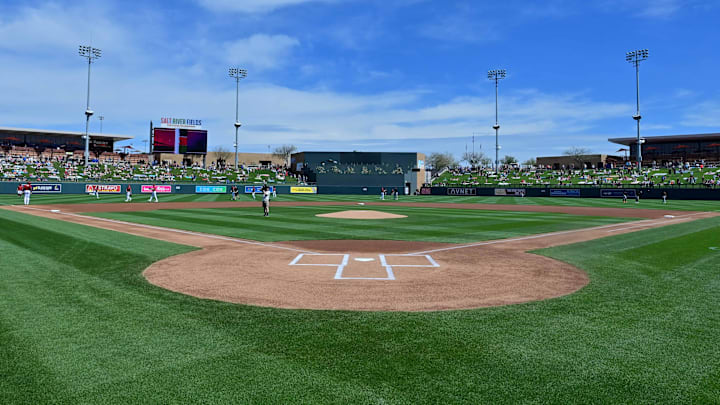 Mar 14, 2023; Salt River Pima-Maricopa, Arizona, USA; General view of the field prior to a Spring Training game between the Arizona Diamondbacks and the San Francisco Giants at Salt River Fields at Talking Stick. Mandatory Credit: Matt Kartozian-Imagn Images