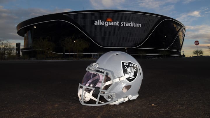 Dec 26, 2020; Paradise, Nevada, USA; A general view of a Las Vegas Raiders helmet outside of Allegiant Stadium  before the game against the Miami Dolphins. Mandatory Credit: Kirby Lee-Imagn Images