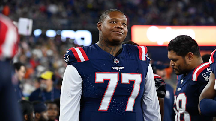 Aug 10, 2023; Foxborough, Massachusetts, USA; New England Patriots offensive tackle Trent Brown (77) during the first half against the Houston Texans at Gillette Stadium. Mandatory Credit: Eric Canha-Imagn Images