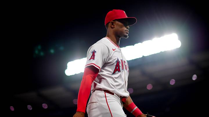 May 24, 2025; Anaheim, California, USA; Los Angeles Angels center fielder Kyren Paris (19) returns to the dugout following the top of the ninth inning against the Miami Marlins at Angel Stadium. Mandatory Credit: Gary A. Vasquez-Imagn Images