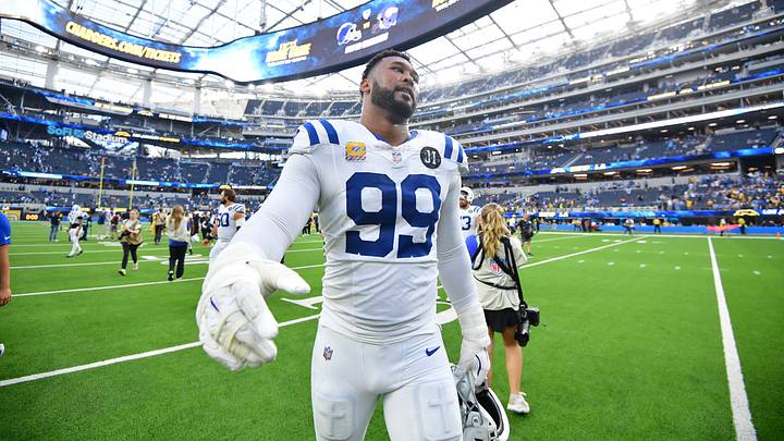 Oct 19, 2025; Inglewood, California, USA; Indianapolis Colts defensive tackle DeForest Buckner (99) looks on after the game against the Los Angeles Chargers at SoFi Stadium. Mandatory Credit: Gary A. Vasquez-Imagn Images Oct 19, 2025; Inglewood, California, USA; Indianapolis Colts defensive tackle DeForest Buckner (99) looks on after the game against the Los Angeles Chargers at SoFi Stadium. Mandatory Credit: Gary A. Vasquez-Imagn Images