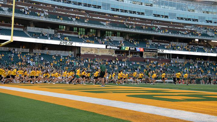 Sep 26, 2020; Waco, Texas, USA; The Baylor Bears students and Baylor Line run onto the field before the game between the Bears and the Jayhawks at McLane Stadium. Mandatory Credit: Jerome Miron Sep 26, 2020; Waco, Texas, USA; The Baylor Bears students and Baylor Line run onto the field before the game between the Bears and the Jayhawks at McLane Stadium. Mandatory Credit: Jerome Miron