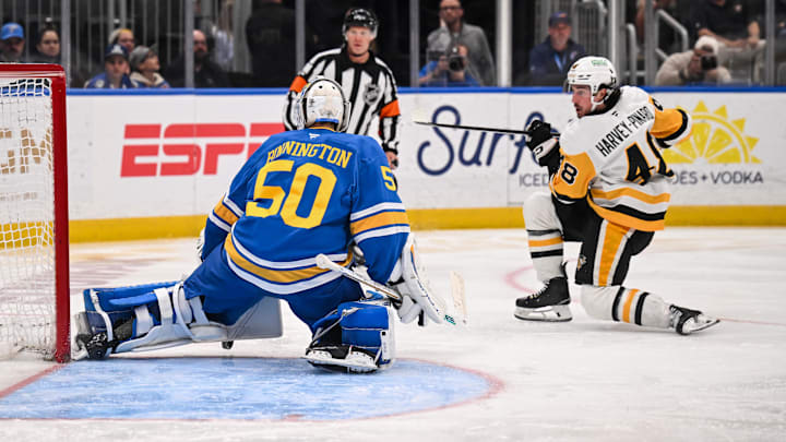 Apr 14, 2026; St. Louis, Missouri, USA; St. Louis Blues goaltender Jordan Binnington (50) makes a save against Pittsburgh Penguins left wing Rafael Harvey-Pinard (48) at Enterprise Center. Mandatory Credit: Connor Hamilton-Imagn Images