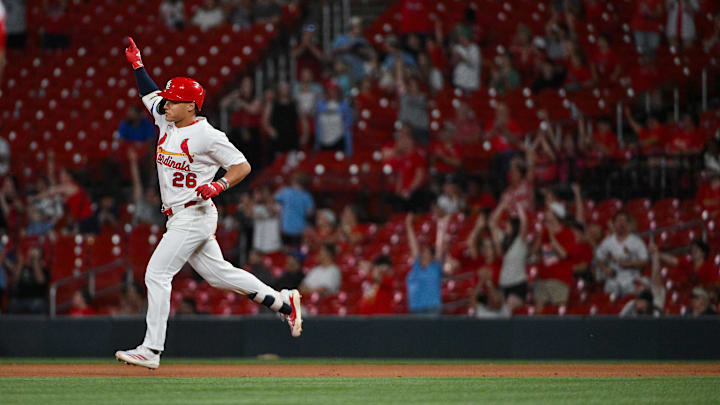 Apr 14, 2026: St. Louis Cardinals second baseman JJ Wetherholt (26) reacts as he runs the bases after hitting a two run home run for his second home run of the game against the Cleveland Guardians during the eighth inning at Busch Stadium. Apr 14, 2026: St. Louis Cardinals second baseman JJ Wetherholt (26) reacts as he runs the bases after hitting a two run home run for his second home run of the game against the Cleveland Guardians during the eighth inning at Busch Stadium.