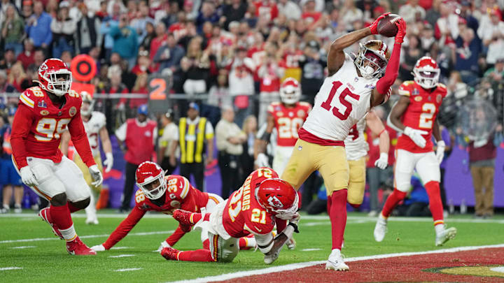 Feb 11, 2024; Paradise, Nevada, USA; San Francisco 49ers wide receiver Jauan Jennings (15) makes a