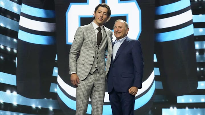 Jun 27, 2025; Los Angeles, California, USA; Caleb Desnoyers is selected as the fourth overall pick to the Utah Mammoth in the first round of the 2025 NHL Draft at Peacock Theater. Mandatory Credit: Kirby Lee-Imagn Images Jun 27, 2025; Los Angeles, California, USA; Caleb Desnoyers is selected as the fourth overall pick to the Utah Mammoth in the first round of the 2025 NHL Draft at Peacock Theater. Mandatory Credit: Kirby Lee-Imagn Images