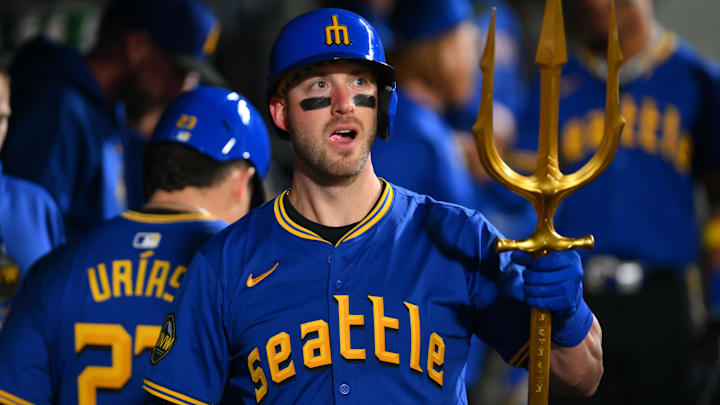 Seattle Mariners catcher Mitch Garver celebrates after a home run against the Oakland Athletics on Sept. 27 at T-Mobile Park.