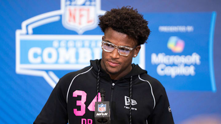 Feb 26, 2026; Indianapolis, IN, USA; Ohio State defensive back Caleb Downs (DB34) speaks to members of the media during the NFL Combine at the Indiana Convention Center. Mandatory Credit: Jacob Musselman-Imagn Images