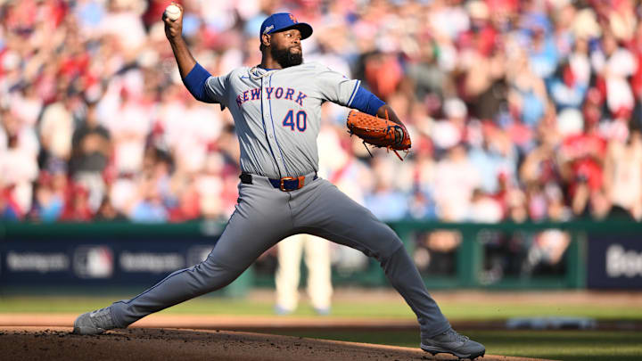 Oct 6, 2024; Philadelphia, Pennsylvania, USA; New York Mets pitcher Luis Severino (40) throws a pitch in the first inning against the Philadelphia Phillies during game two of the NLDS for the 2024 MLB Playoffs at Citizens Bank Park. Mandatory Credit: Kyle Ross-Imagn Images