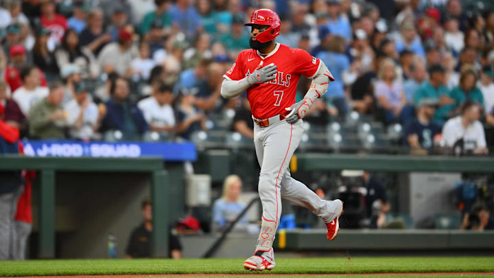 Sep 13, 2025; Seattle, Washington, USA; Los Angeles Angels center fielder Jo Adell (7) runs the bases after hitting a home run against the Seattle Mariners during the second inning at T-Mobile Park. Mandatory Credit: Steven Bisig-Imagn Images