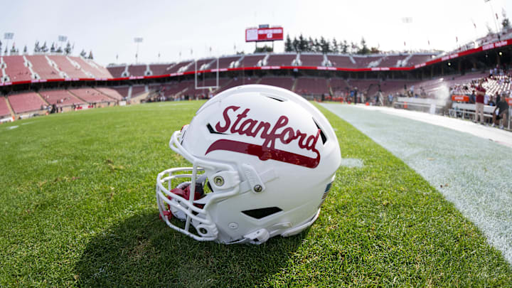 White Stanford helmet with red lettering