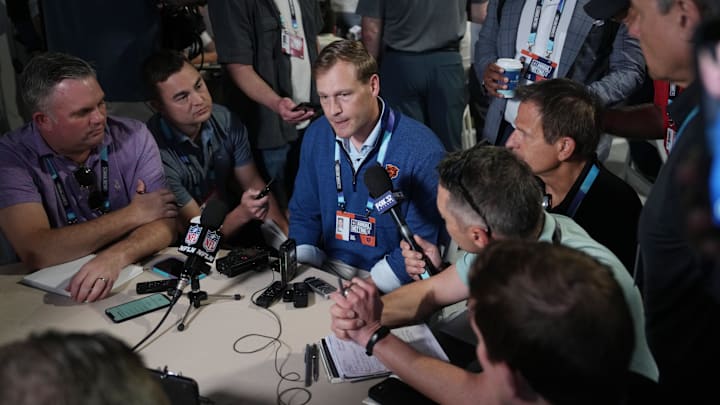 Apr 1, 2025; Palm Beach, FL, USA;  Chicago Bears head coach Ben Johnson answers questions from the media during the NFL Annual League Meeting at The Breakers.
