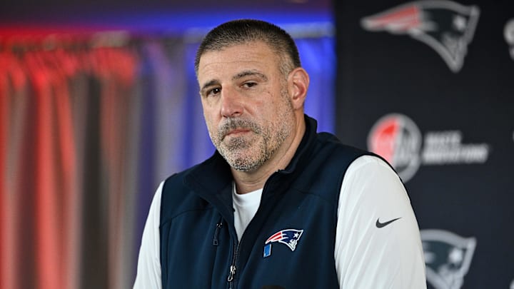 Mar 13, 2025; Foxborough, MA, USA; New England Patriots head coach Mike Vrabel discusses the teamís recent free agent additions with the media at Gillette Stadium. Mandatory Credit: Eric Canha-Imagn Images