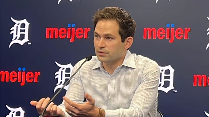 Detroit Tigers president of baseball operations Scott Harris, manager A.J. Hinch meet with reporters Monday, Oct. 13, 2025, at Comerica Park in Detroit, Michigan.