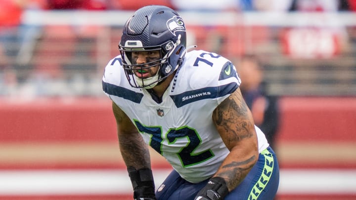 September 18, 2022; Santa Clara, California, USA; Seattle Seahawks offensive tackle Abraham Lucas (72) during the second quarter against the San Francisco 49ers at Levi's Stadium. Mandatory Credit: Kyle Terada-USA TODAY Sports September 18, 2022; Santa Clara, California, USA; Seattle Seahawks offensive tackle Abraham Lucas (72) during the second quarter against the San Francisco 49ers at Levi's Stadium. Mandatory Credit: Kyle Terada-USA TODAY Sports