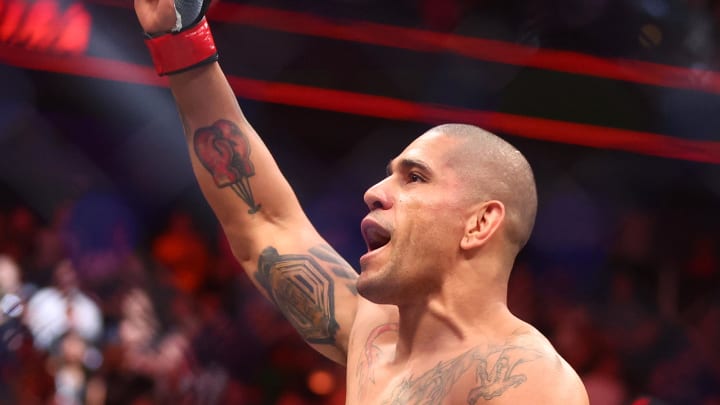 Apr 13, 2024; Las Vegas, Nevada, USA; Alex Pereira (red gloves) reacts after defeating Jamahal Hill (not pictured) during UFC 300 at T-Mobile Arena. Mandatory Credit: Mark J. Rebilas-USA TODAY Sports