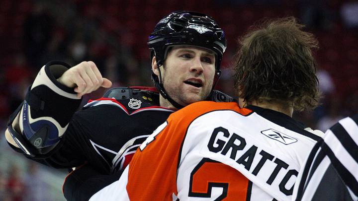November 26, 2008; Raleigh, NC, USA; Carolina Hurricanes left wing (28) Wade Brookbank gets ready to throw a punch at the Philadelphia Flyers left wing (24) Josh Gratton during the 1st period at the RBC Center. Mandatory Credit: James Guillory-USPRESSWIRE