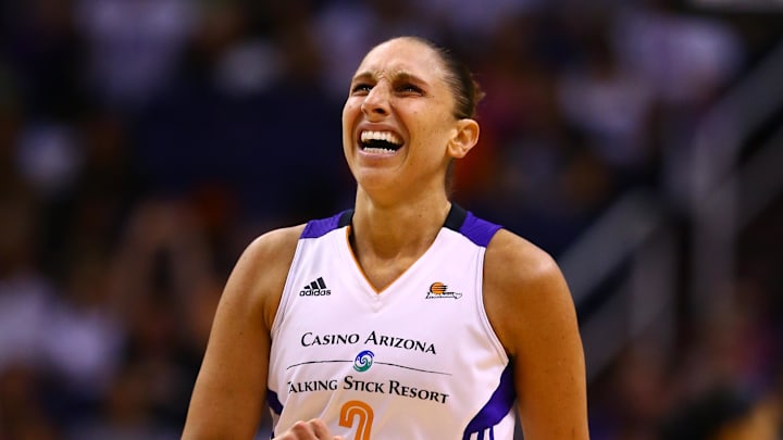 Sep 9, 2014; Phoenix, AZ, USA; Phoenix Mercury guard Diana Taurasi (3) reacts against the Chicago Sky during game two of the WNBA Finals at US Airways Center. The Mercury defeated the Sky 97-68. Mandatory Credit: Mark J. Rebilas-Imagn Images