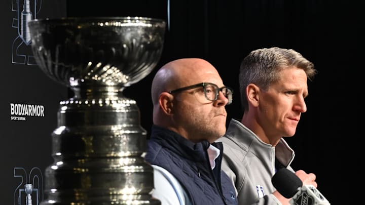 Jun 3, 2025; Edmonton, Alberta, CAN; Edmonton Oilers general manager Stan Bowman along with Oilers head coach Kris Knoblauch are seen during media day in advance of the 2025 Stanley Cup Final at Rogers Place. Mandatory Credit: Walter Tychnowicz-Imagn Images Jun 3, 2025; Edmonton, Alberta, CAN; Edmonton Oilers general manager Stan Bowman along with Oilers head coach Kris Knoblauch are seen during media day in advance of the 2025 Stanley Cup Final at Rogers Place. Mandatory Credit: Walter Tychnowicz-Imagn Images