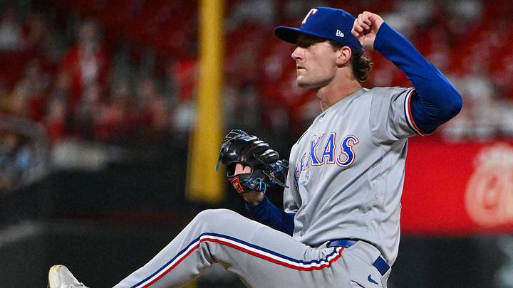 Jun 1, 2026; St. Louis, Missouri, USA; Texas Rangers pitcher Jacob Latz (67) pitches against the St. Louis Cardinals during the ninth inning at Busch Stadium. Mandatory Credit: Jeff Curry-Imagn Images