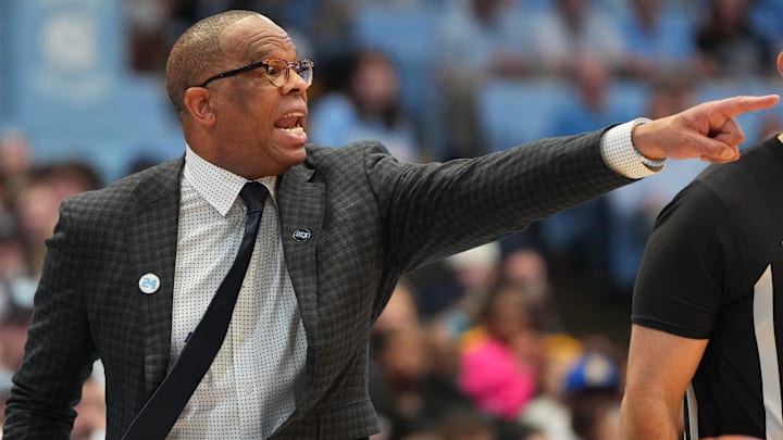Feb 14, 2026; Chapel Hill, North Carolina, USA; North Carolina Tar Heels head coach Hubert Davis reacts in the second half at Dean E. Smith Center. Mandatory Credit: Bob Donnan-Imagn Images