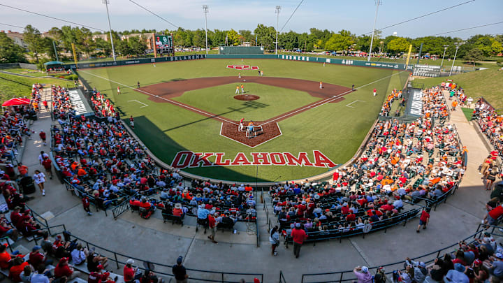 Fans fill the stands during the Bedlam baseball game between the Oklahoma Sooners and the Oklahoma State Cowboys at L. Dale Mitchell Park in Norman, Okla., on Saturday, May 20, 2023.