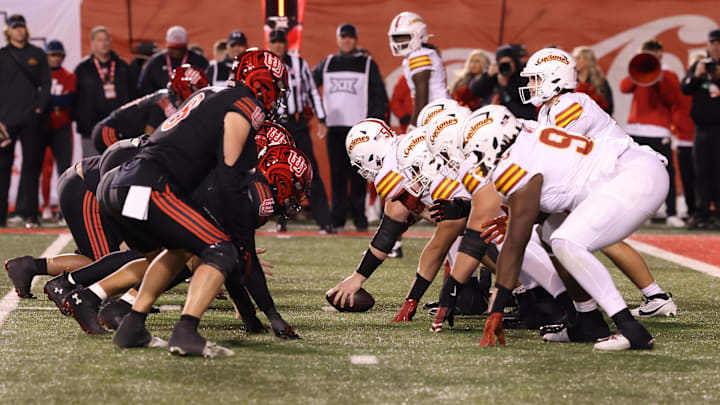 Nov 23, 2024; Salt Lake City, Utah, USA; The Utah Utes lines up against the Iowa State Cyclones offense during the third quarter at Rice-Eccles Stadium.