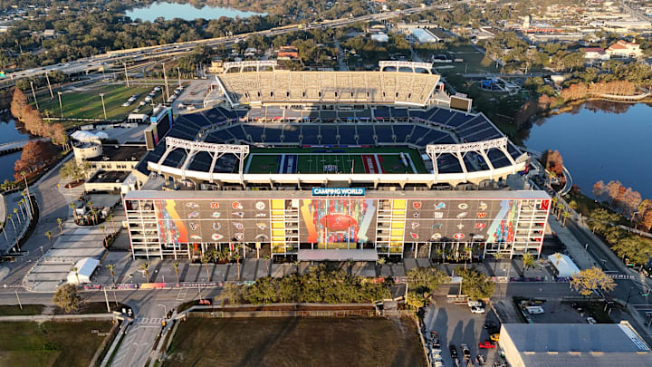 A general overall aerial view of Camping World Stadium, the site of the 2025 NFL Pro Bowl Games. 
