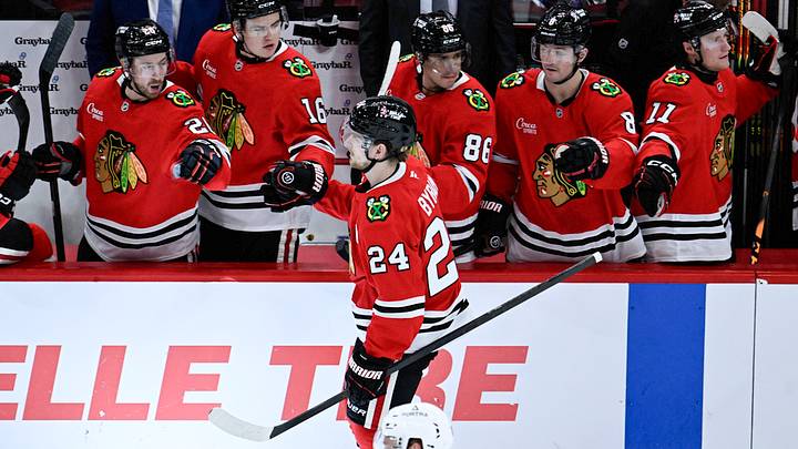 Sep 21, 2026; Chicago, Illinois, USA; Chicago Blackhawks defenseman Bowen Byram (24) celebrates with teammates after scoring a goal during the second period against the Minnesota Wild at the United Center. Mandatory Credit: Matt Marton-Imagn Images Sep 21, 2026; Chicago, Illinois, USA; Chicago Blackhawks defenseman Bowen Byram (24) celebrates with teammates after scoring a goal during the second period against the Minnesota Wild at the United Center. Mandatory Credit: Matt Marton-Imagn Images