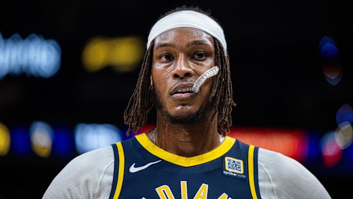 Jan 14, 2025; Indianapolis, Indiana, USA;  Indiana Pacers center Myles Turner (33) in the second half against the Cleveland Cavaliers at Gainbridge Fieldhouse. Mandatory Credit: Trevor Ruszkowski-Imagn Images