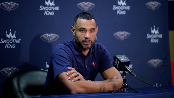 Oct 2, 2023; New Orleans, LA, USA; New Orleans Pelicans general manager Trajan Langdon speaks during Media Day at the Smoothie King Center. Mandatory Credit: Matthew Hinton-Imagn Images Oct 2, 2023; New Orleans, LA, USA; New Orleans Pelicans general manager Trajan Langdon speaks during Media Day at the Smoothie King Center. Mandatory Credit: Matthew Hinton-Imagn Images