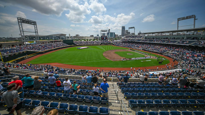 Jun 13, 2025; Omaha, Neb, USA; General view of the field during the national anthem before the game between the Arizona Wildcats and the Coastal Carolina Chanticleers at Charles Schwab Field. Mandatory Credit: Steven Branscombe-Imagn Images