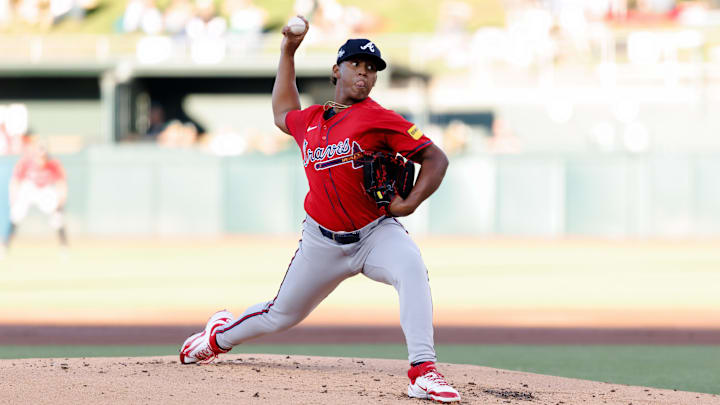 Jul 8, 2025; West Sacramento, California, USA; Atlanta Braves starting pitcher Didier Fuentes (75) throws a pitch during the first inning against the Athletics at Sutter Health Park. Mandatory Credit: Sergio Estrada-Imagn Images Jul 8, 2025; West Sacramento, California, USA; Atlanta Braves starting pitcher Didier Fuentes (75) throws a pitch during the first inning against the Athletics at Sutter Health Park. Mandatory Credit: Sergio Estrada-Imagn Images