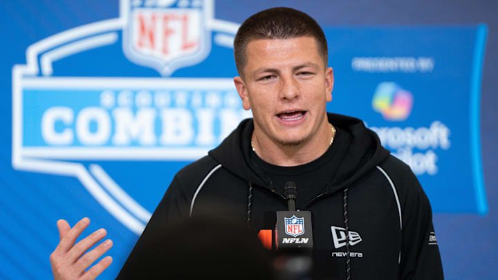 Feb 27, 2026; Indianapolis, IN, USA; Vanderbilt quarterback Diego Pavia (QB14) speaks to members of the media during the NFL Combine at the Indiana Convention Center. Mandatory Credit: Jacob Musselman-Imagn Images