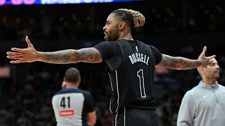 Jan 1, 2025; Toronto, Ontario, CAN; Brooklyn Nets guard D'Angelo Russell (1) reacts after being called for a foul against the Toronto Raptors in the second half at Scotiabank Arena. Mandatory Credit: Dan Hamilton-Imagn Images Jan 1, 2025; Toronto, Ontario, CAN; Brooklyn Nets guard D'Angelo Russell (1) reacts after being called for a foul against the Toronto Raptors in the second half at Scotiabank Arena. Mandatory Credit: Dan Hamilton-Imagn Images