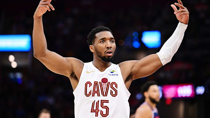 Mar 30, 2025; Cleveland, Ohio, USA; Cleveland Cavaliers guard Donovan Mitchell (45) celebrates during the second half against the Los Angeles Clippers at Rocket Arena. Mandatory Credit: Ken Blaze-Imagn Images
