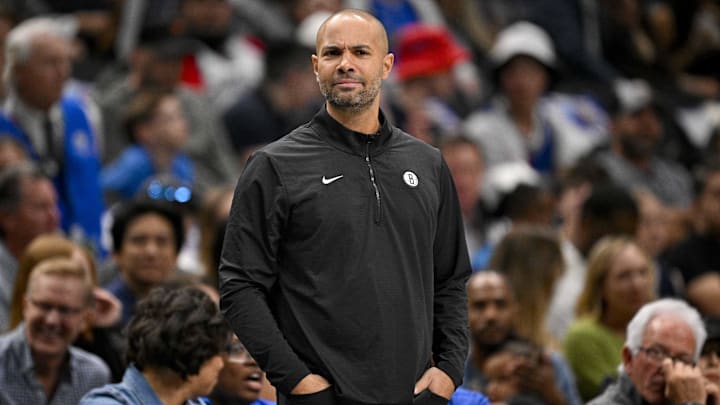 Mar 31, 2025; Dallas, Texas, USA; Brooklyn Nets head coach Jordi Fernandez looks on during the first quarter against the Dallas Mavericks at the American Airlines Center. Mandatory Credit: Jerome Miron-Imagn Images