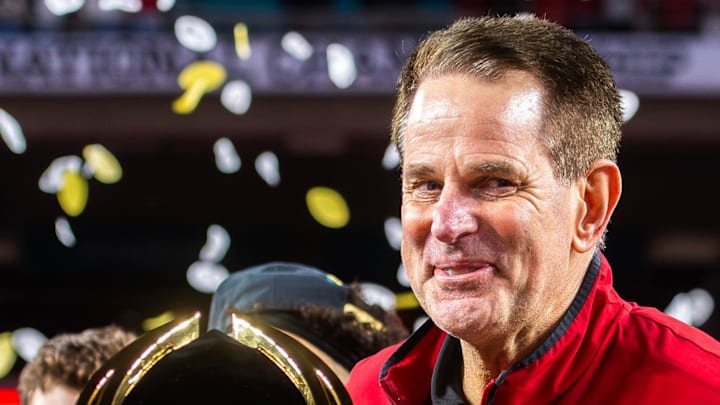 Indiana Head Coach Curt Cignetti smiles on the podium after the College Football Playoff National Championship college football game at Hard Rock Stadium in Miami Gardens on Monday, Jan. 19, 2026.