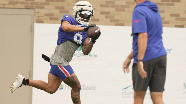 Buffalo Bills safety Taylor Rapp catches a pass while running a route at Bills Training Camp at St. John Fisher University in Pittsford on July 31, 2025. Buffalo Bills safety Taylor Rapp catches a pass while running a route at Bills Training Camp at St. John Fisher University in Pittsford on July 31, 2025.