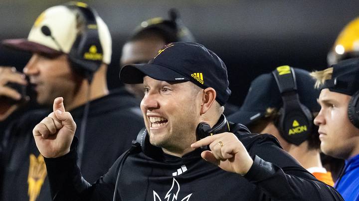 Nov 28, 2025; Tempe, Arizona, USA; Arizona State Sun Devils head coach Kenny Dillingham reacts against the Arizona Wildcats during the 99th Territorial Cup at Mountain America Stadium. Mandatory Credit: Mark J. Rebilas-Imagn Images