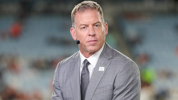 Dec 4, 2023; Jacksonville, Florida, USA;  ESPN Monday Night football announcer Troy Aikman broadcast