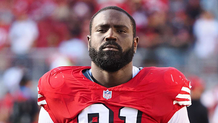 Oct 6, 2024; Santa Clara, California, USA; San Francisco 49ers defensive lineman Sam Okuayinonu (91) after the game against the Arizona Cardinals at Levi's Stadium. Mandatory Credit: Kelley L Cox-Imagn Images Oct 6, 2024; Santa Clara, California, USA; San Francisco 49ers defensive lineman Sam Okuayinonu (91) after the game against the Arizona Cardinals at Levi's Stadium. Mandatory Credit: Kelley L Cox-Imagn Images