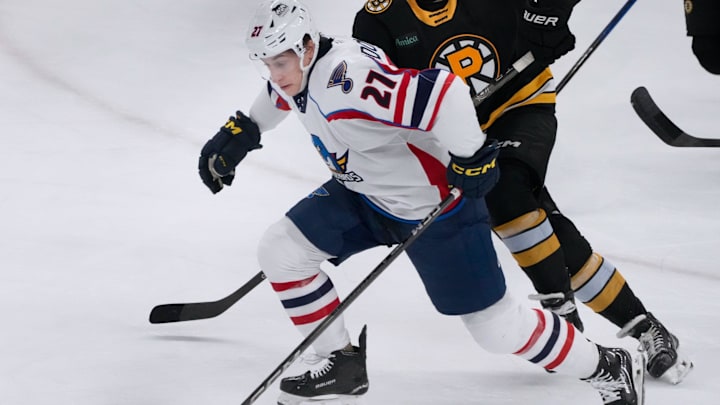 The Providence Bruins face off against the Springfield Thunderbirds in game 1, round 1 of playoff action at the AMP on April 23, 2025