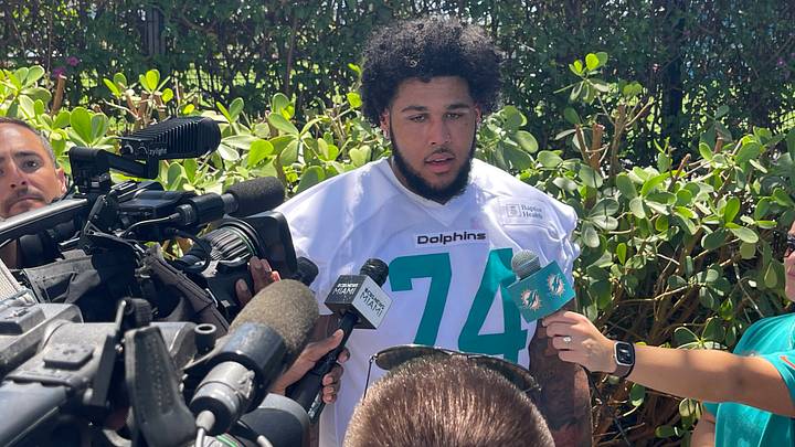 Miami Dolphins first-round pick Kadyn Proctor addresses the media after the first day of rookie minicamp Miami Dolphins first-round pick Kadyn Proctor addresses the media after the first day of rookie minicamp