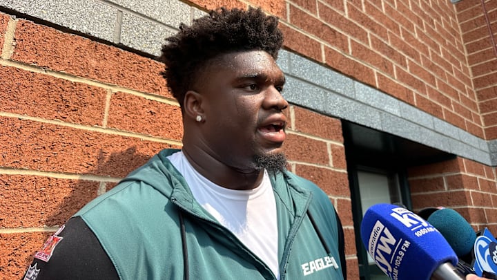 Jordan Davis meets with reporters following an Eagles OTA practice on June 3, 2025. Jordan Davis meets with reporters following an Eagles OTA practice on June 3, 2025.