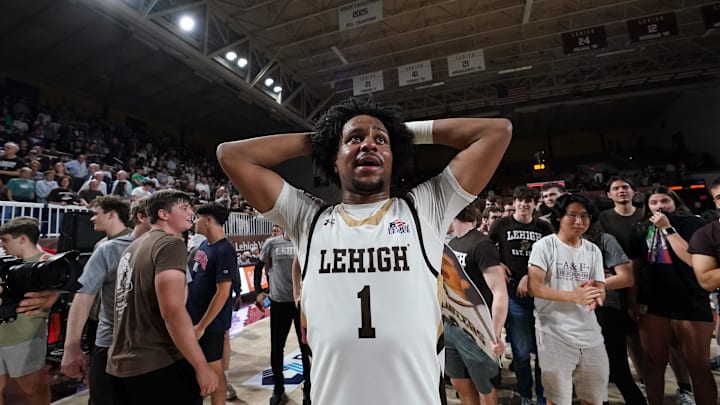 Mar 11, 2026; Bethlehem, Pennsylvania, USA; Lehigh Mountain Hawks guard Nasir Whitlock (1) reacts after defeating the Boston University Terriers in the Patriot League Championship at Stabler Arena. Mandatory Credit: James Lang-Imagn Images
